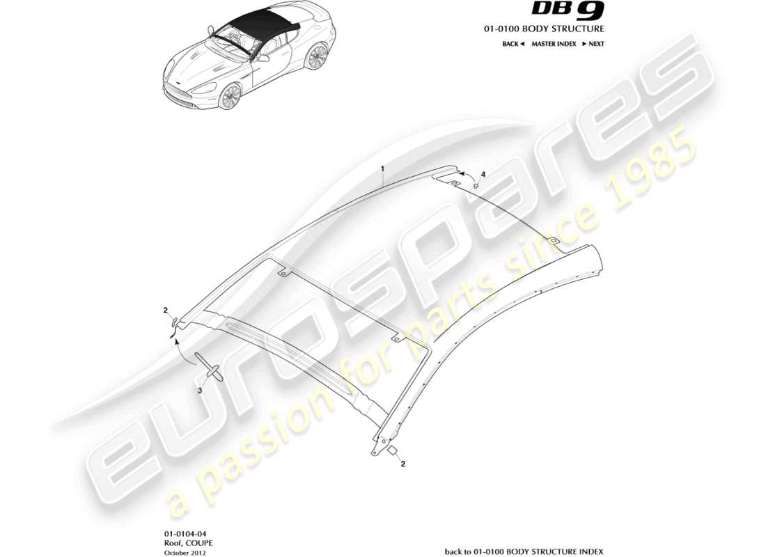 aston martin db9 (2014) tetto, diagramma delle parti della coupé