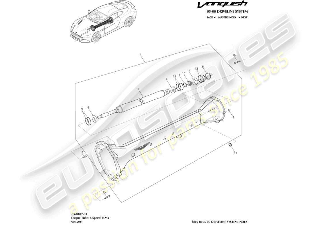 aston martin vanquish (2016) gruppo tubo di torsione, 8 vel diagramma delle parti
