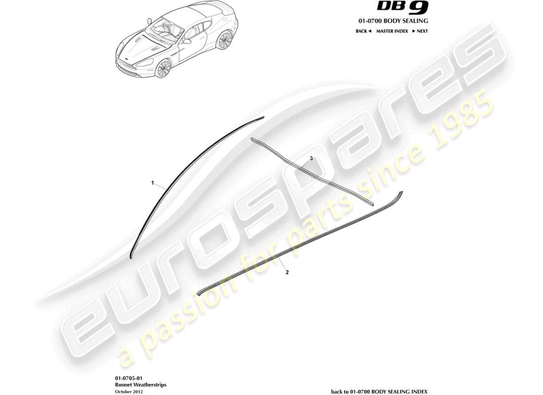 aston martin db9 (2014) diagramma delle parti delle guarnizioni del cofano