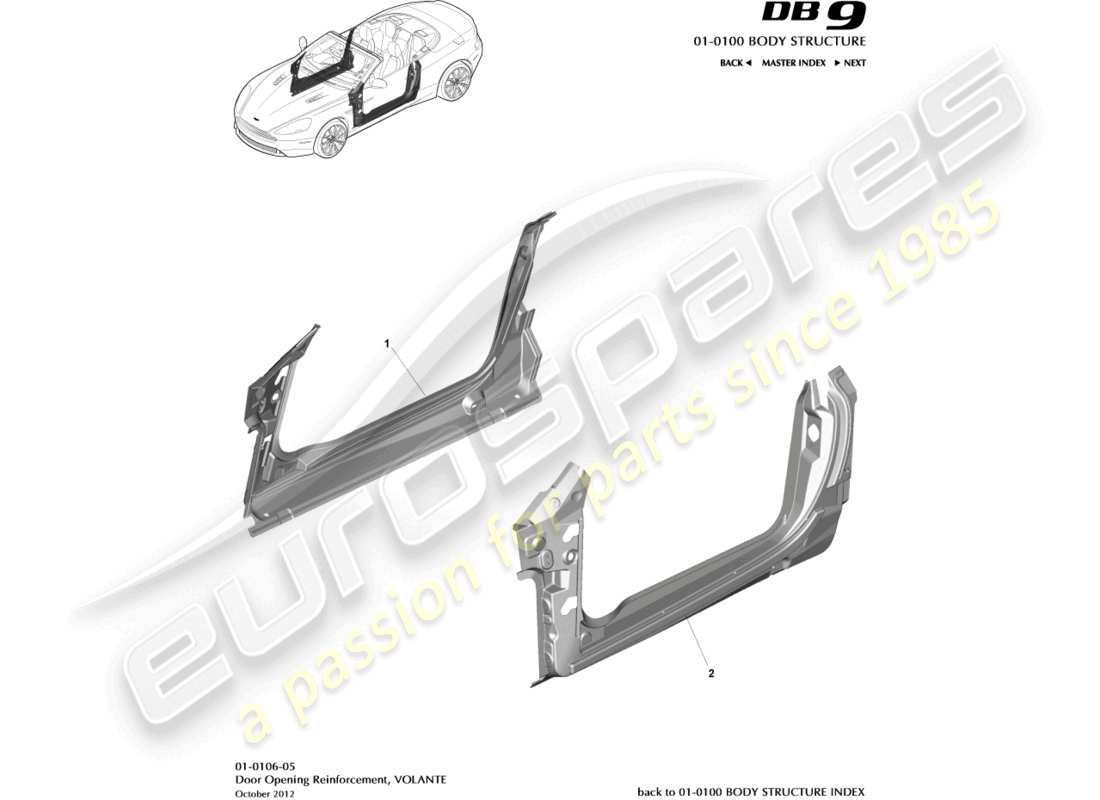 aston martin db9 (2014) telaio apertura anta, volante diagramma delle parti