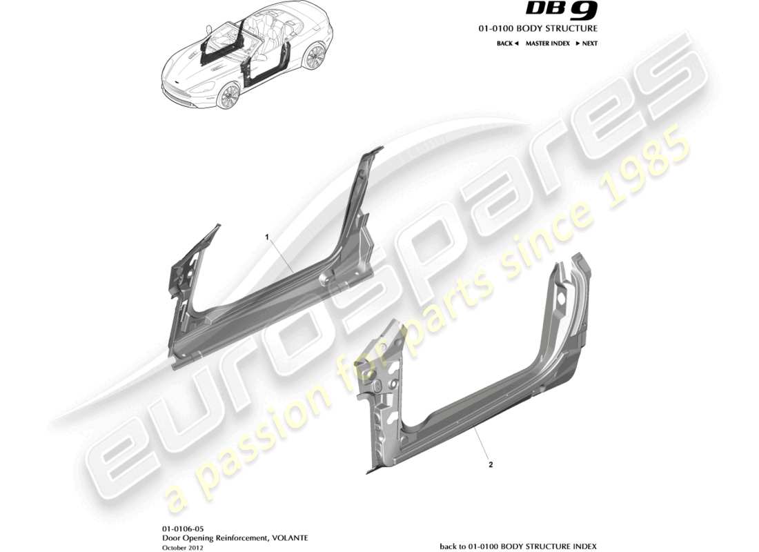 aston martin db9 (2014) telaio di apertura della porta, diagramma delle parti del volante