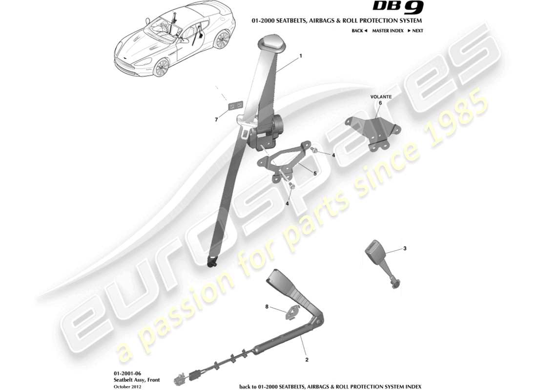 aston martin db9 (2017) cinture di sicurezza anteriori diagramma delle parti