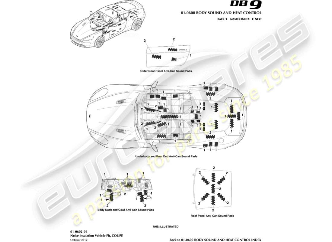 aston martin db9 (2013) isolamento acustico, coupé diagramma delle parti
