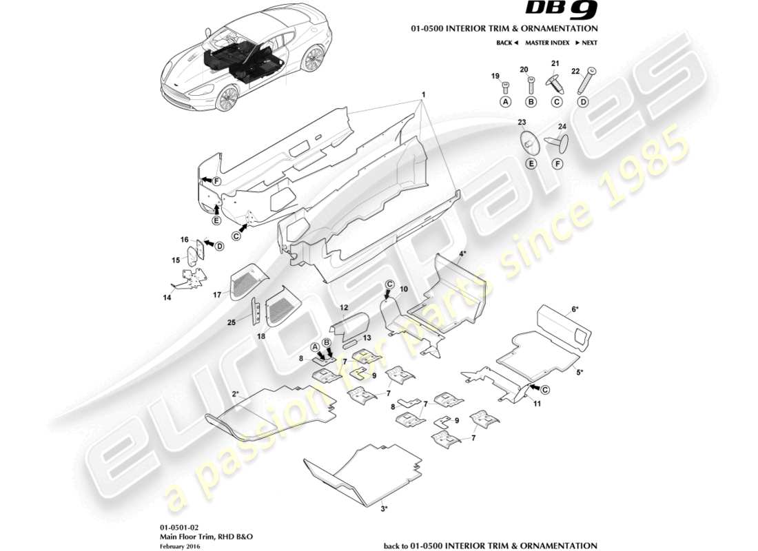 aston martin db9 (2014) rivestimenti del pavimento principale, guida a destra, diagramma delle parti b&o