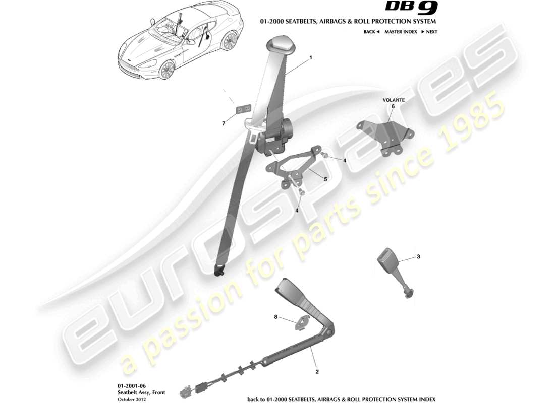 aston martin db9 (2014) diagramma delle parti delle cinture di sicurezza anteriori