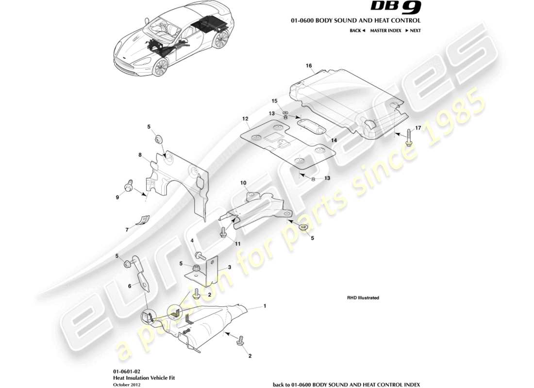 aston martin db9 (2014) isolamento termico, schema delle parti adatte al veicolo