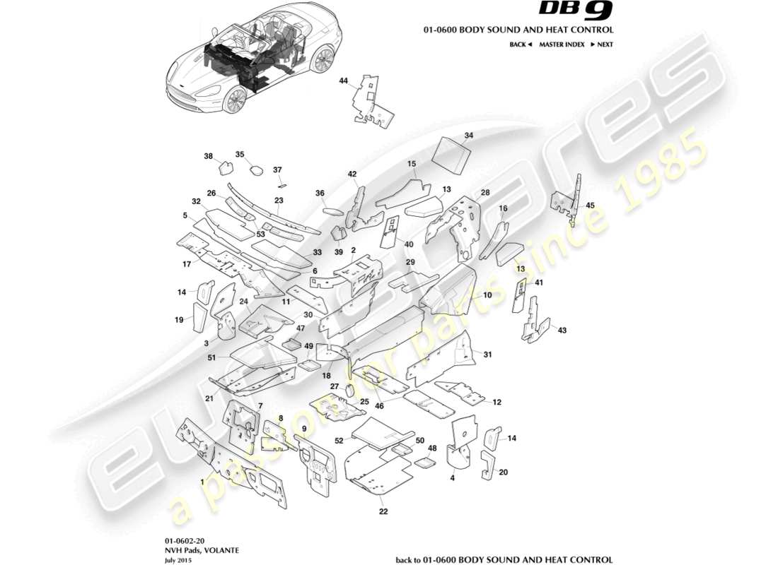 aston martin db9 (2014) pastiglie nvh, diagramma delle parti volante