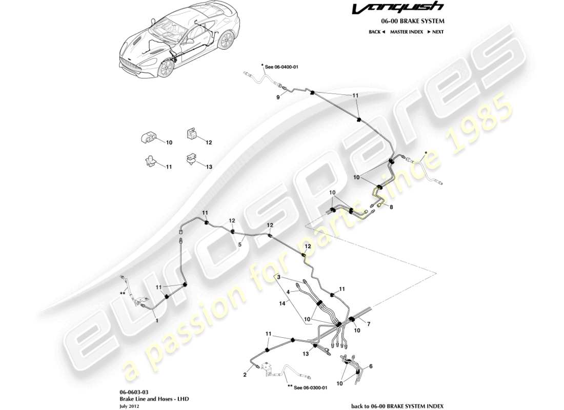 aston martin vanquish (2016) tubi e tubi flessibili dei freni, guida a sinistra diagramma delle parti