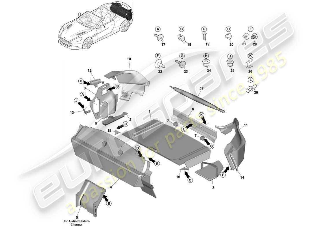 aston martin vanquish (2013) carica assetto cabina, volante diagramma delle parti