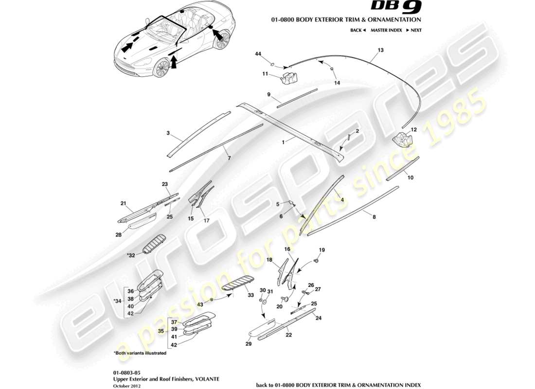 aston martin db9 (2013) finiture esterne superiori, volante diagramma delle parti