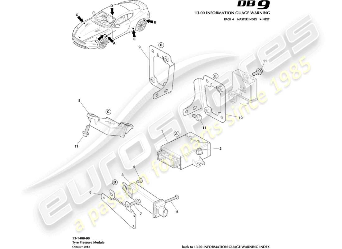 aston martin db9 (2016) diagramma delle parti del modulo pressione pneumatici
