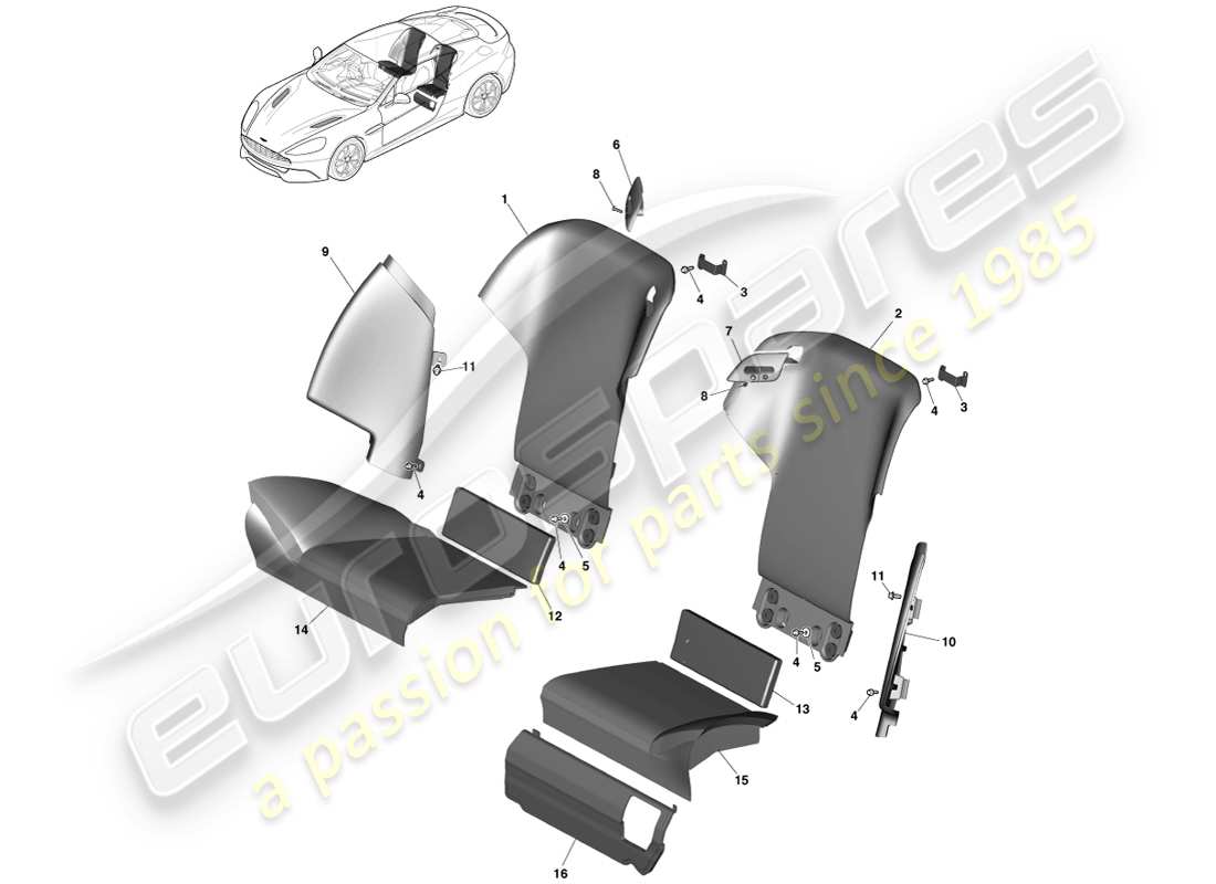 aston martin vanquish (2014) sedili posteriori, schema delle parti coupé