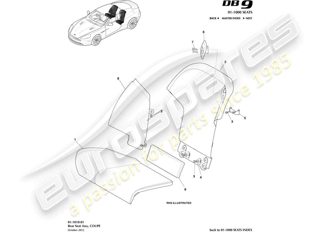 aston martin db9 (2016) rücksitze, coupé teilediagramm