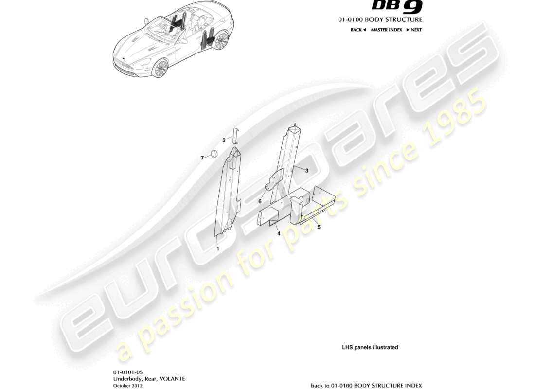 aston martin db9 (2013) schema delle parti sottoscocca, posteriore, volante