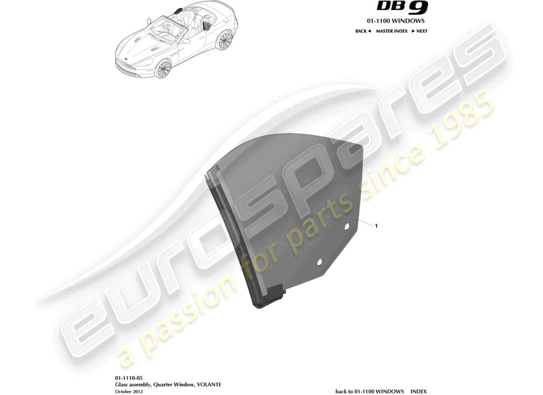 aston martin db9 (2013) vetro del quarto posteriore, volante diagramma delle parti