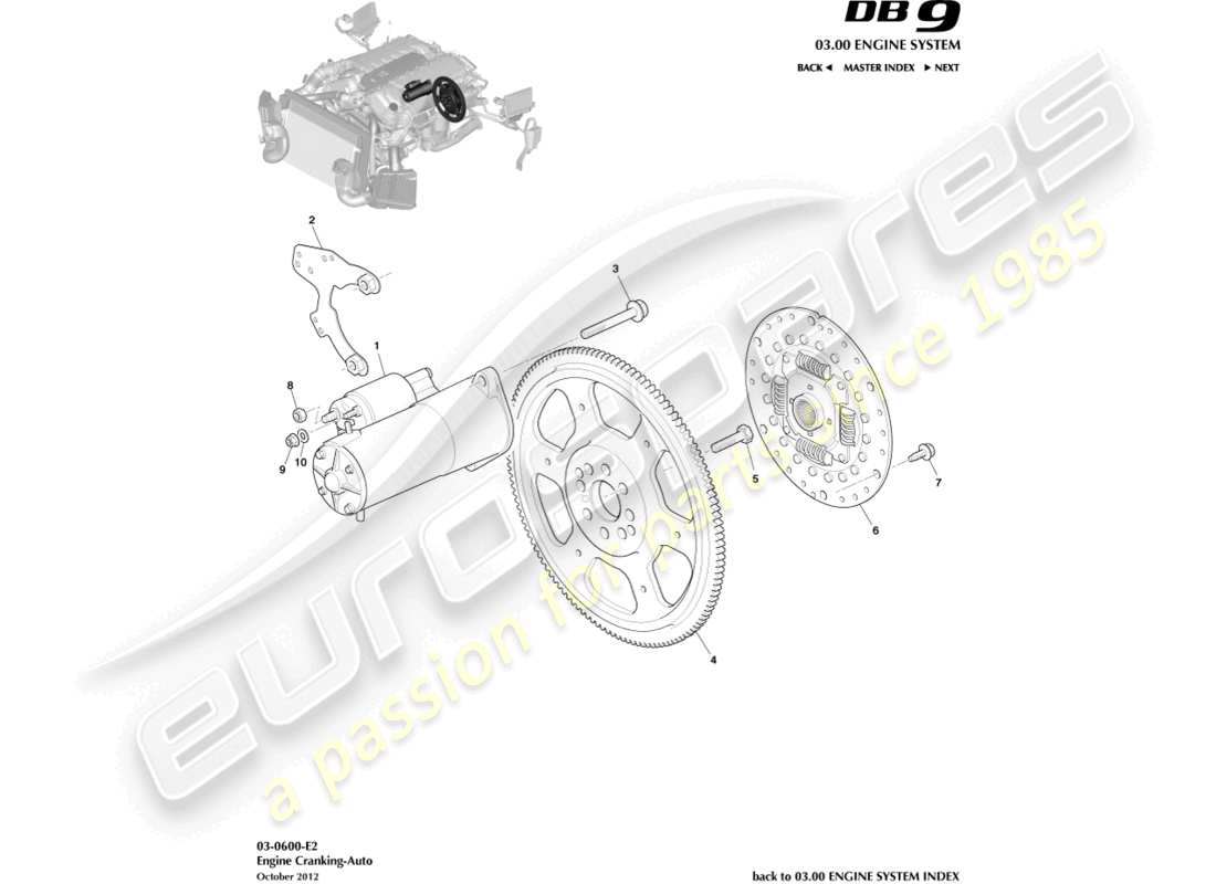 aston martin db9 (2015) avviamento del motore, diagramma dei ricambi auto