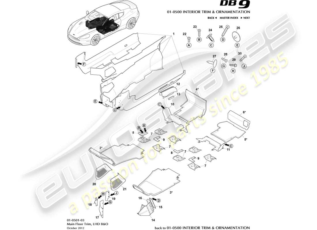 aston martin db9 (2014) rivestimento del pavimento principale, guida a sinistra, diagramma delle parti b&o