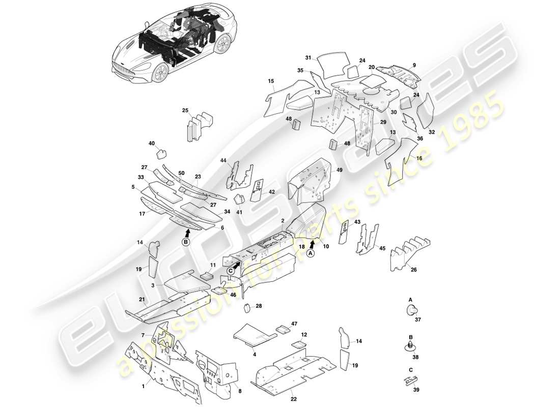 aston martin vanquish (2013) isolamento acustico, coupé diagramma delle parti