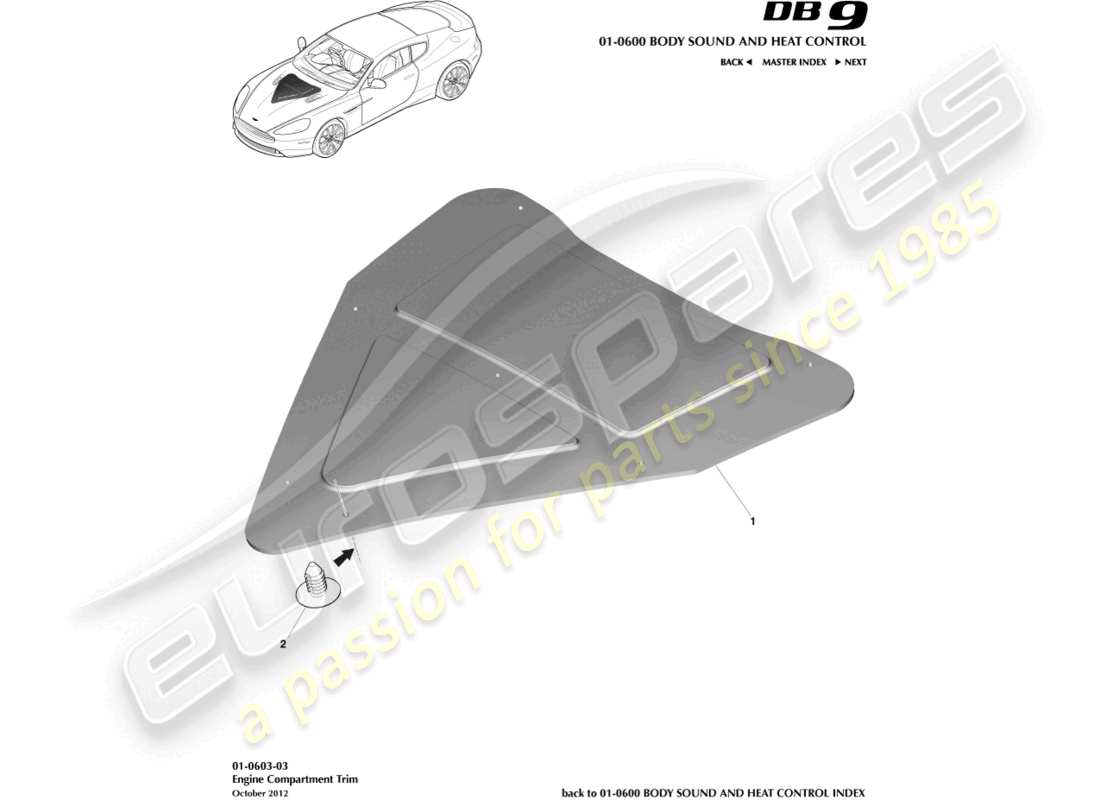 aston martin db9 (2014) diagramma delle parti del rivestimento del vano motore