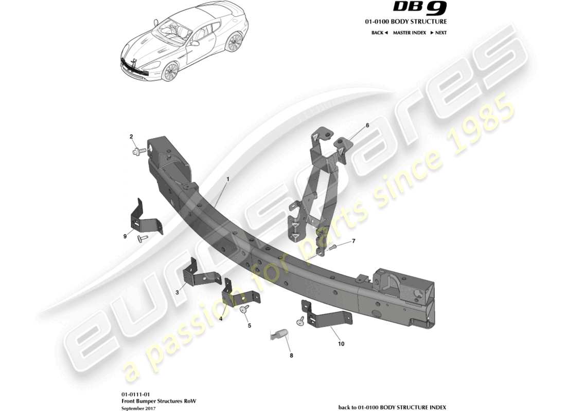 aston martin db9 (2014) struttura del paraurti anteriore, diagramma delle parti della riga