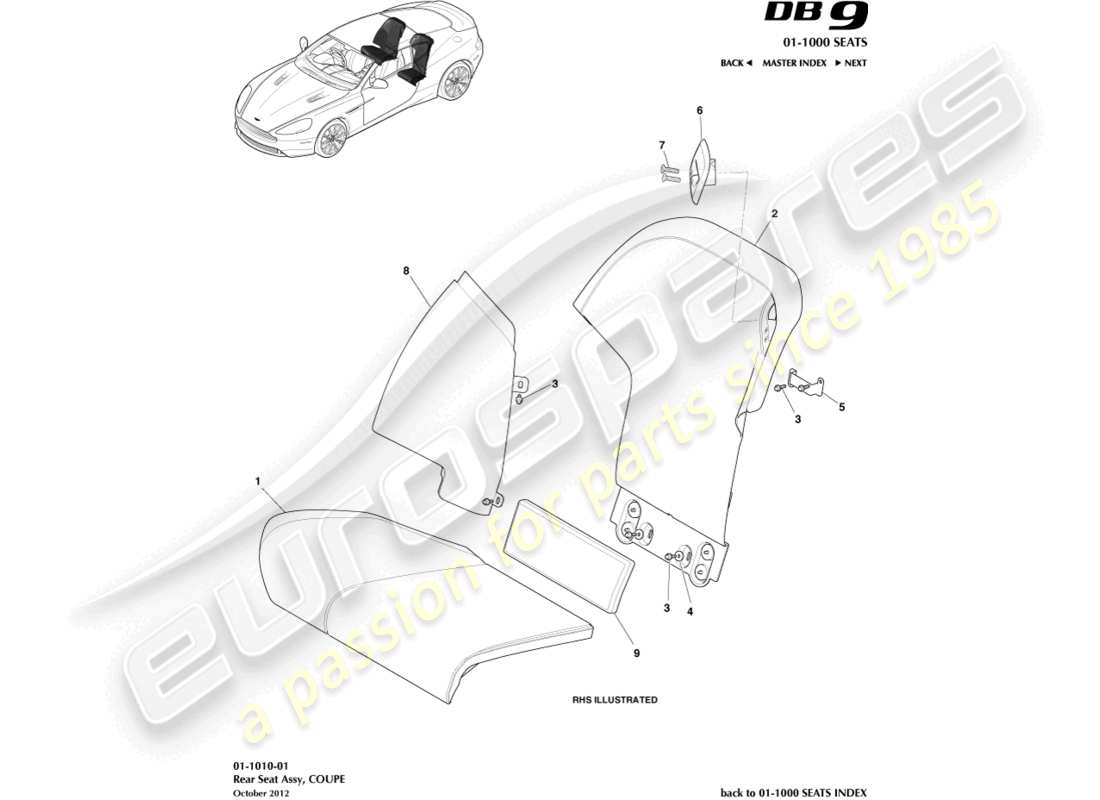 aston martin db9 (2014) sedili posteriori, schema delle parti coupé