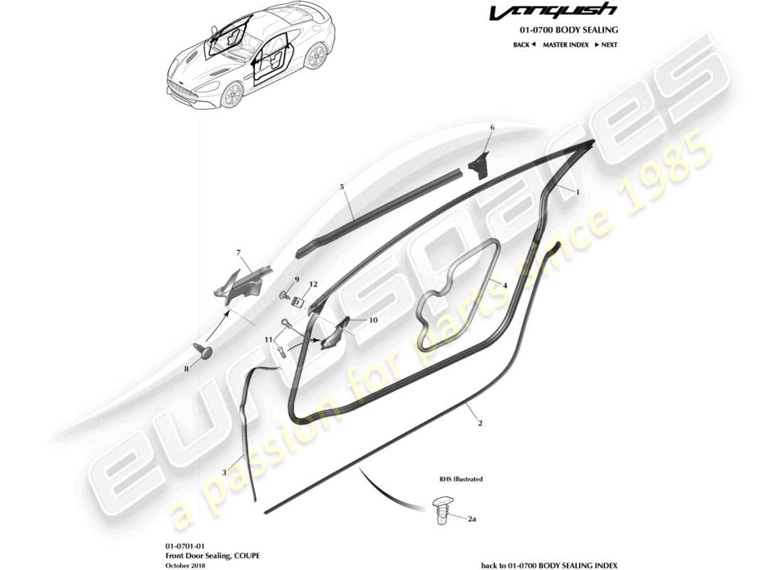 aston martin vanquish (2017) guarnizioni per portiere, diagramma delle parti della coupé