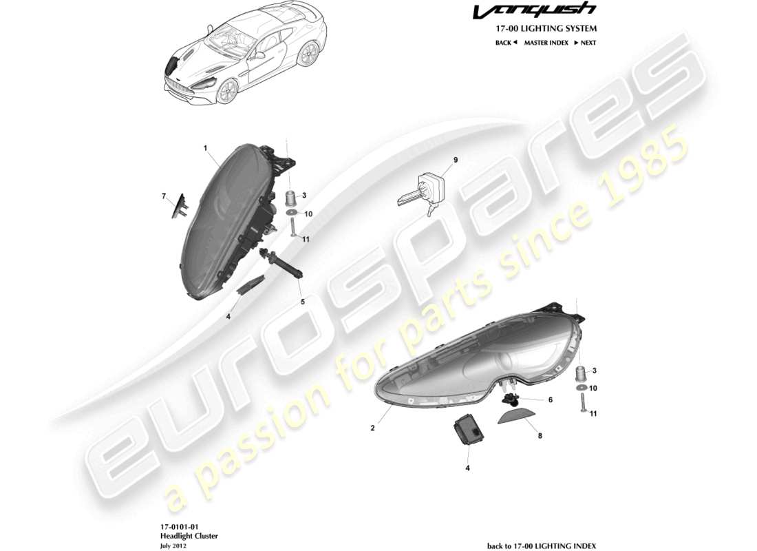 aston martin vanquish (2017) fari diagramma delle parti