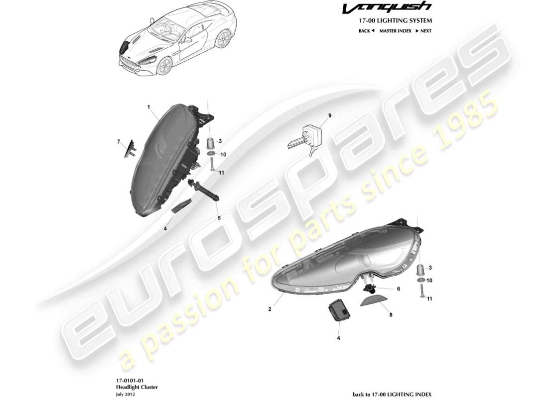 aston martin vanquish (2017) diagramma delle parti dei fari