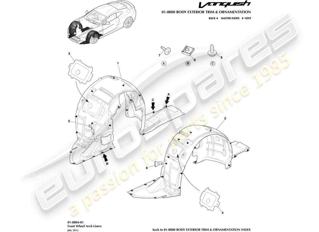 aston martin vanquish (2015) rivestimenti del passaruota anteriore diagramma delle parti