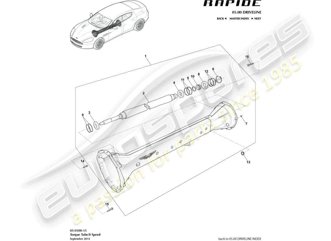 aston martin rapide (2013) drehmomentrohrbaugruppe, 8 spd teilediagramm