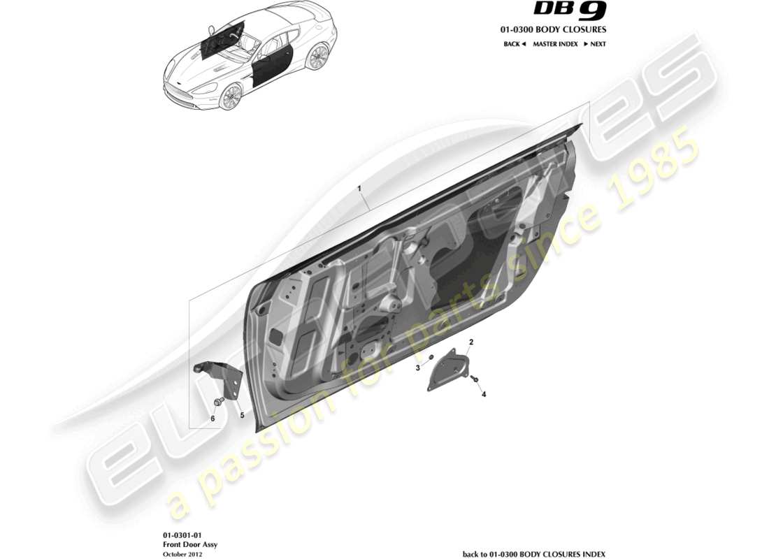 aston martin db9 (2013) schema delle parti dell'assemblaggio della porta anteriore