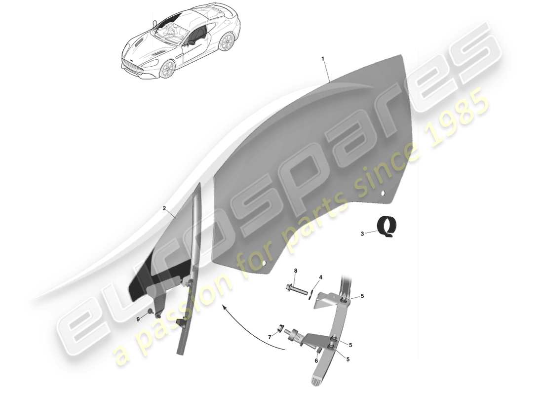 aston martin vanquish (2013) vetro della porta anteriore diagramma delle parti