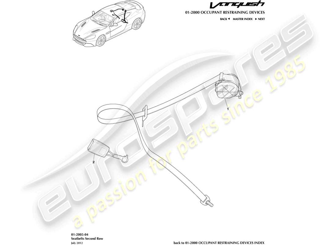 aston martin vanquish (2017) diagramma delle parti delle cinture di sicurezza posteriori