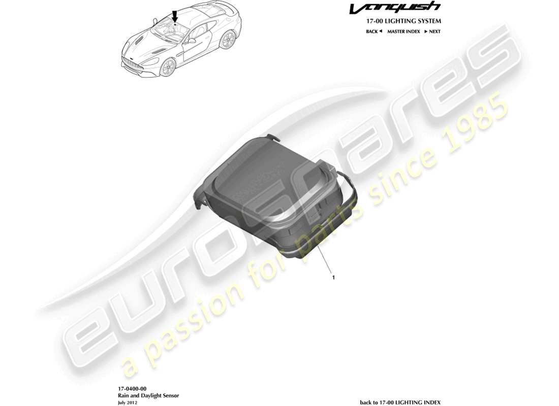 aston martin vanquish (2018) sensore pioggia e luce diurna diagramma delle parti
