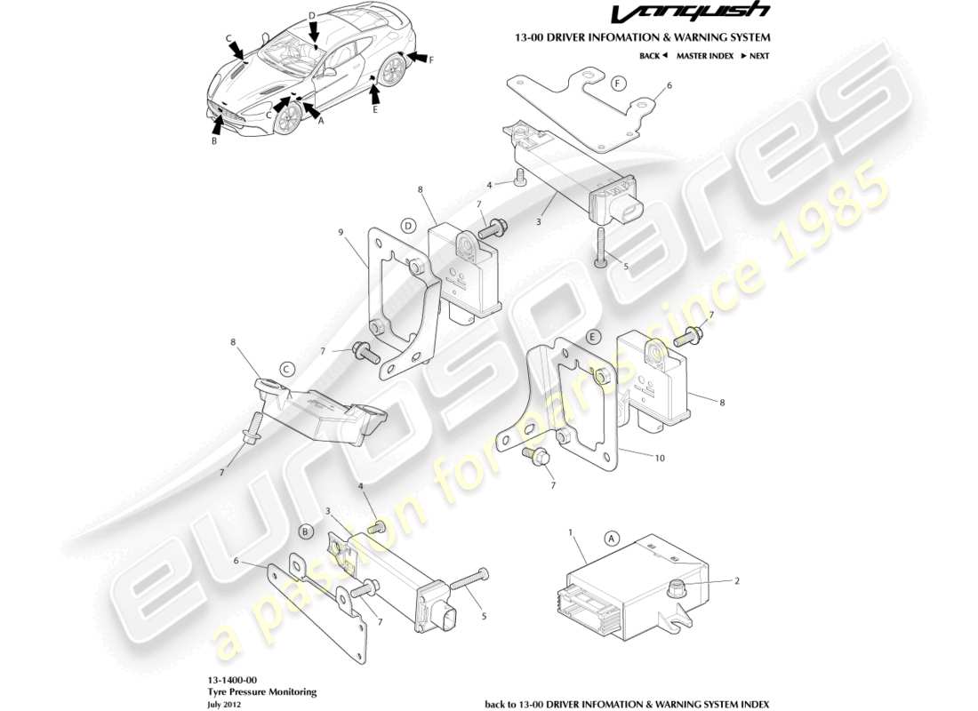 aston martin vanquish (2015) modulo pressione pneumatici diagramma delle parti
