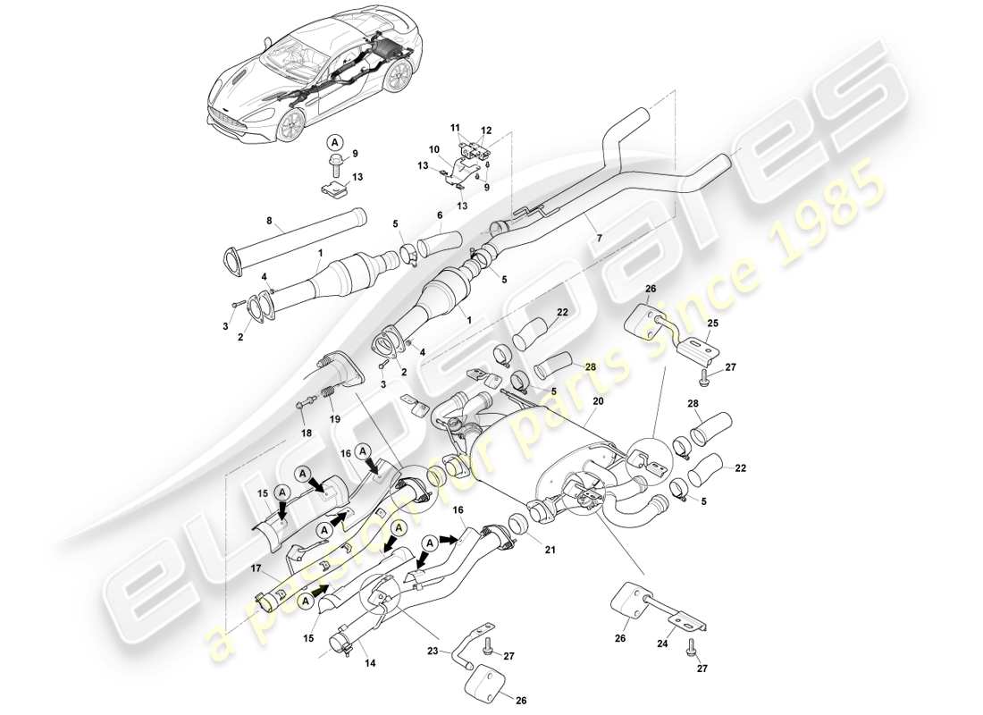 aston martin vanquish (2014) sistema di scarico, s diagramma delle parti