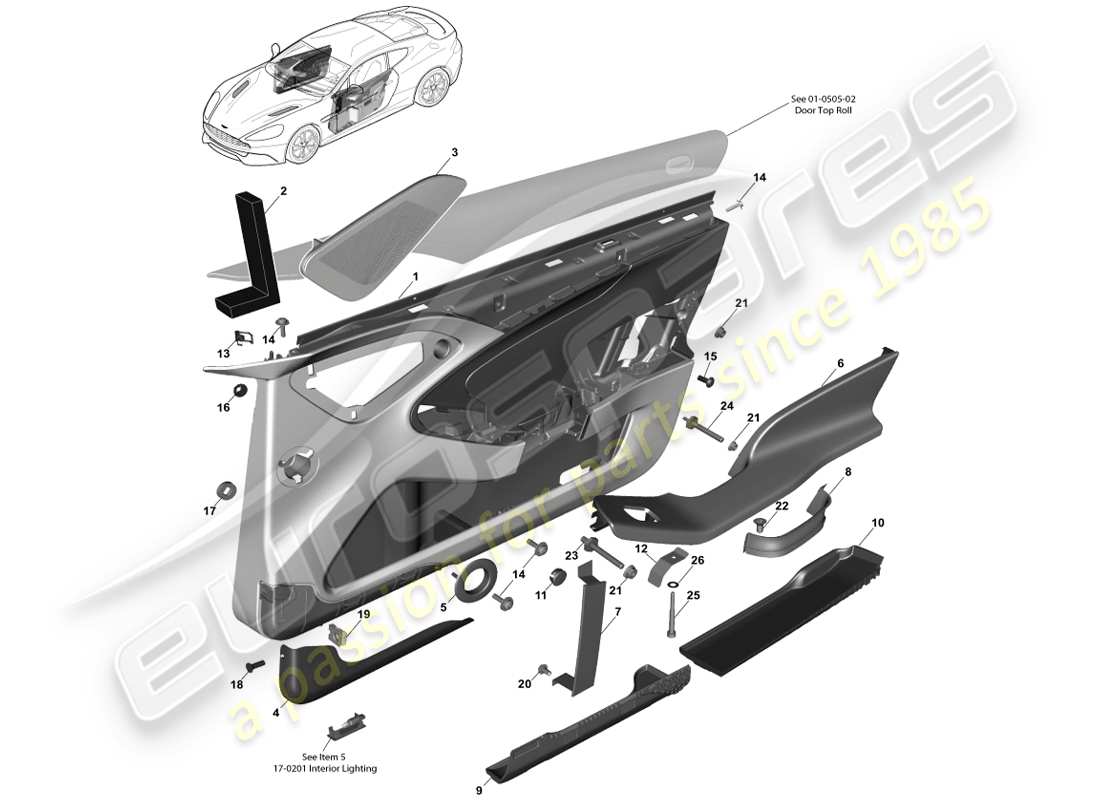 aston martin vanquish (2014) schema delle parti del pannello di rivestimento della porta anteriore