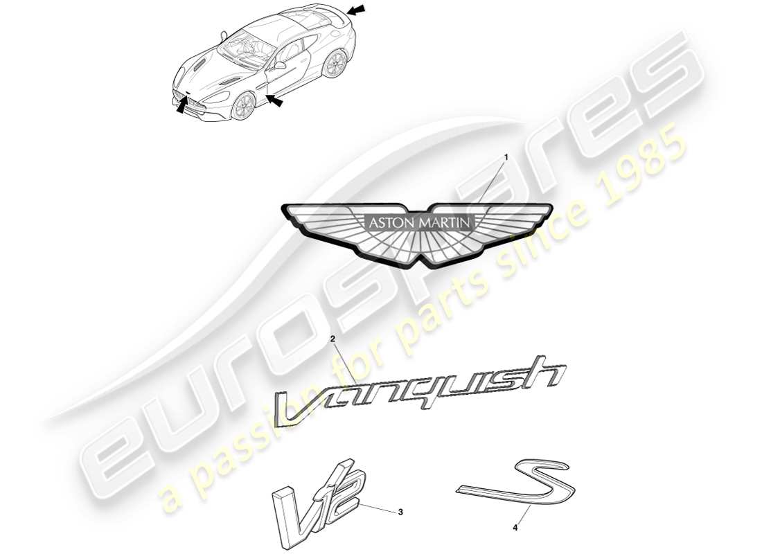 aston martin vanquish (2014) diagramma delle parti del badge