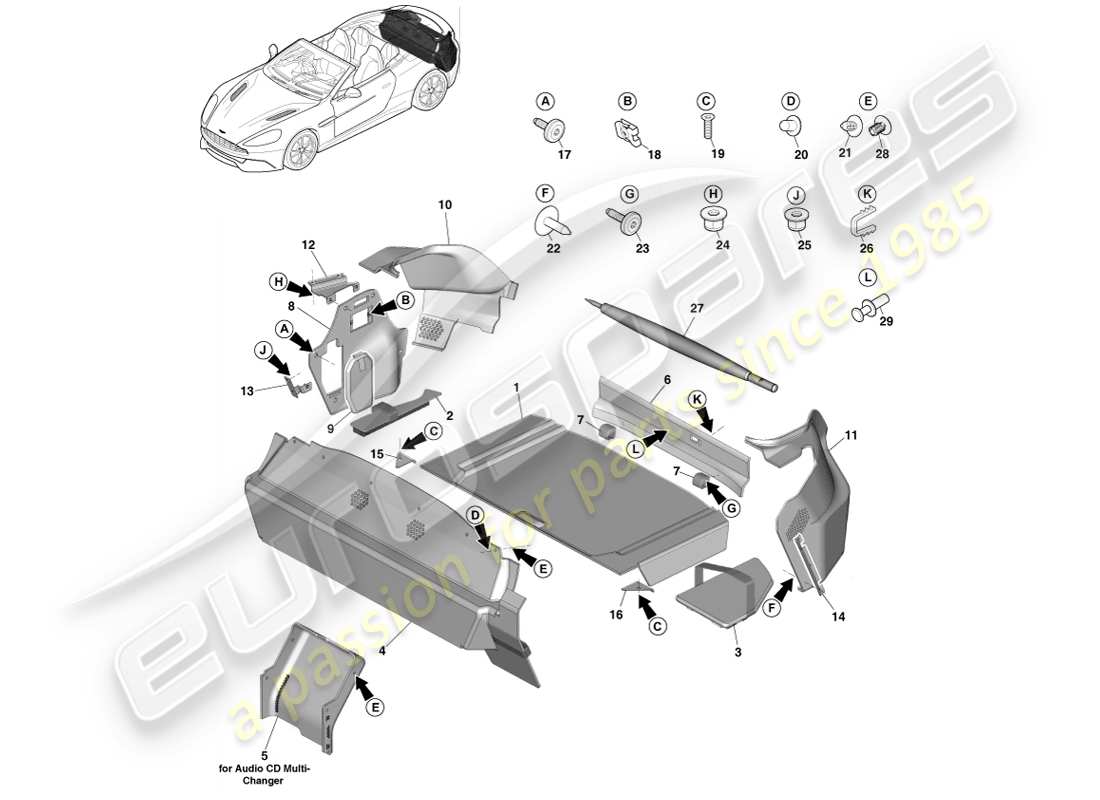 aston martin vanquish (2014) rivestimento del vano di carico, diagramma delle parti del volante