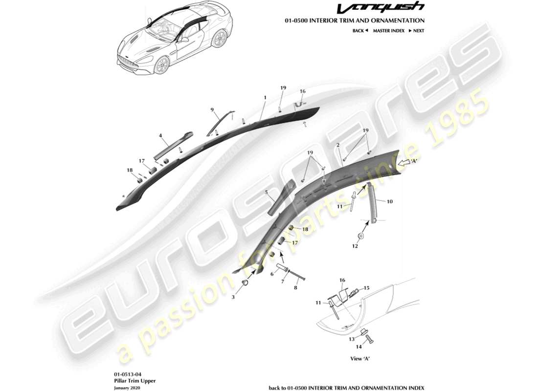 aston martin vanquish (2016) rivestimento montante, superiore, coupé diagramma delle parti