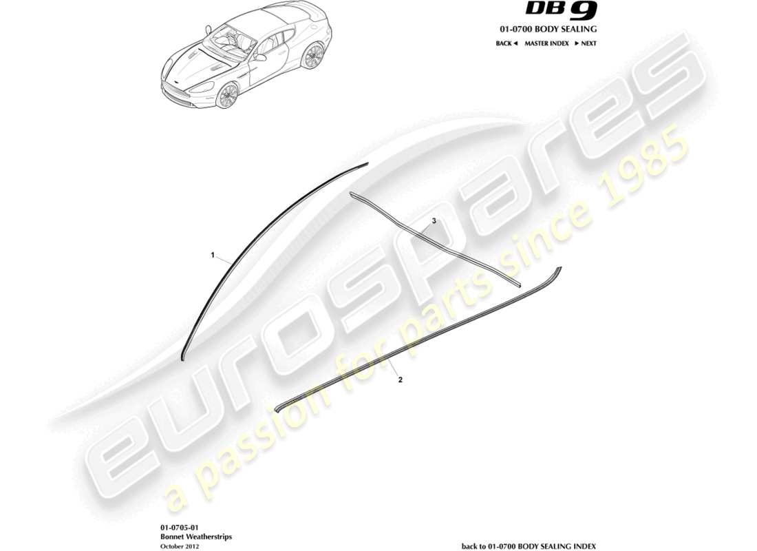 aston martin db9 (2016) diagramma delle parti delle guarnizioni del cofano