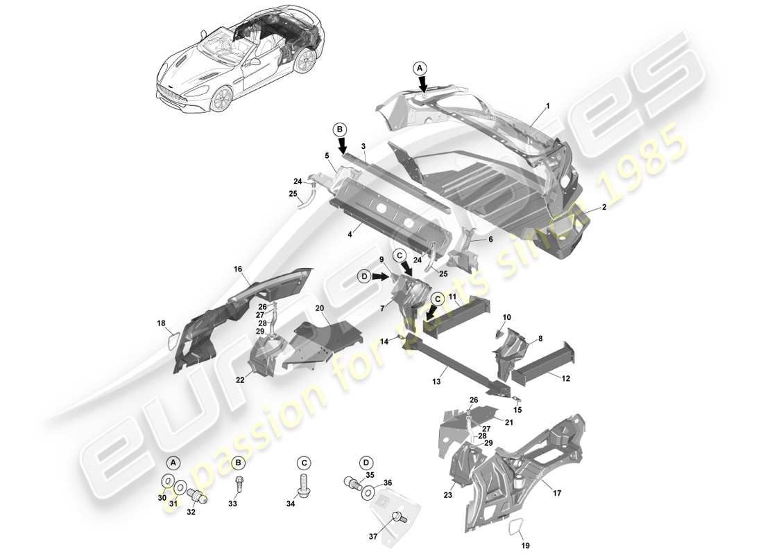 aston martin vanquish (2014) estremità posteriore del corpo, volante diagramma delle parti