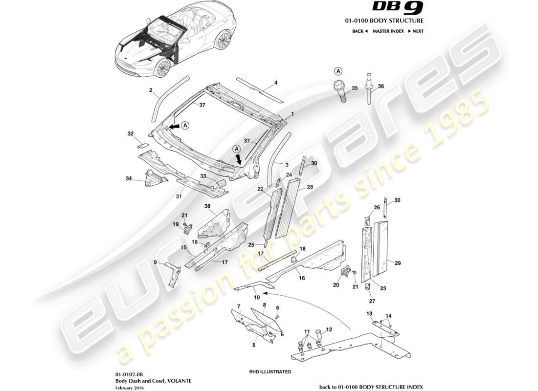 aston martin db9 (2016) cruscotto e cappuccio del corpo, diagramma delle parti del volante