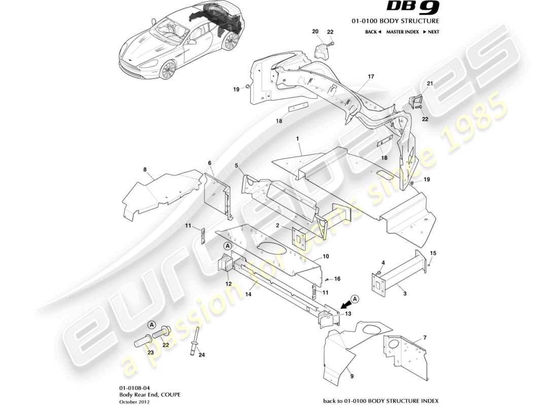 aston martin db9 (2014) estremità posteriore del corpo, diagramma della parte coupé