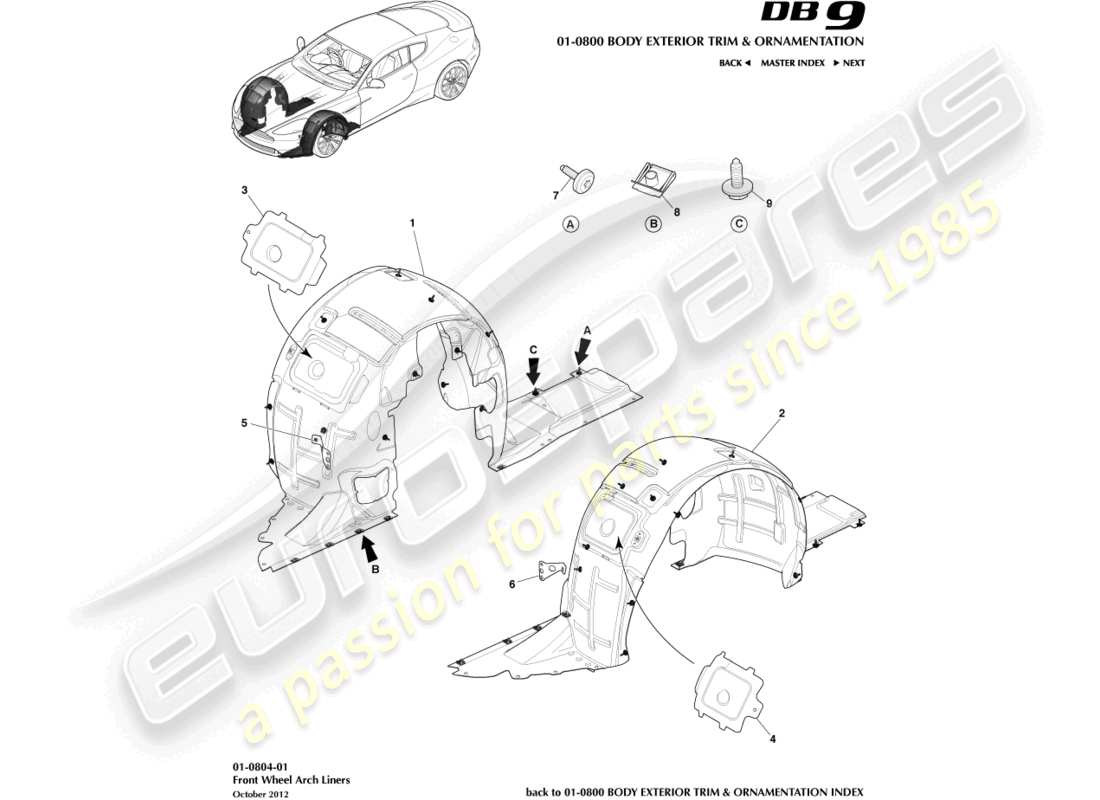 aston martin db9 (2014) diagramma delle parti dei rivestimenti del passaruota anteriore