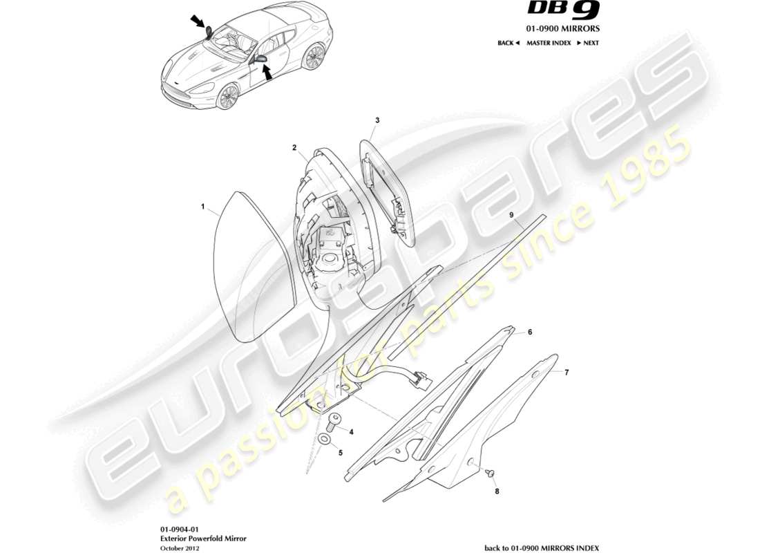 aston martin db9 (2014) schema delle parti degli specchietti retrovisori esterni