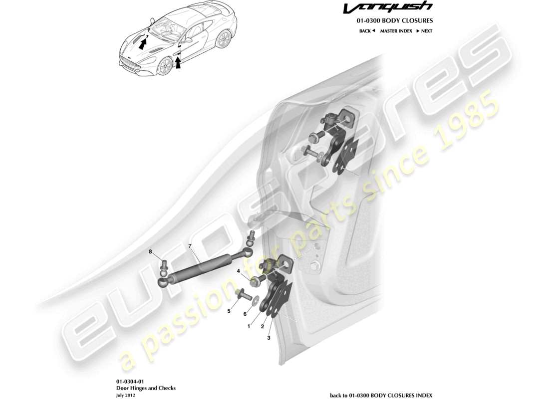 aston martin vanquish (2018) gruppo cerniera della porta diagramma delle parti