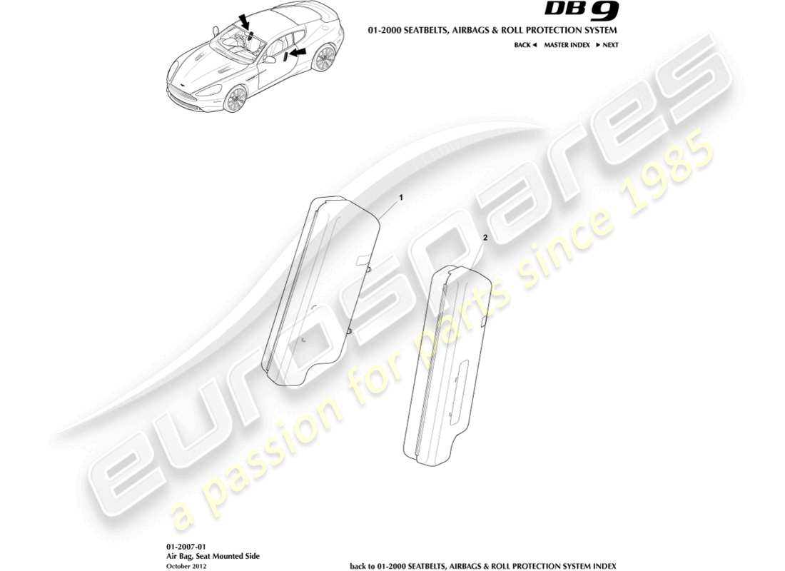 aston martin db9 (2016) diagramma delle parti dell'airbag laterale anteriore