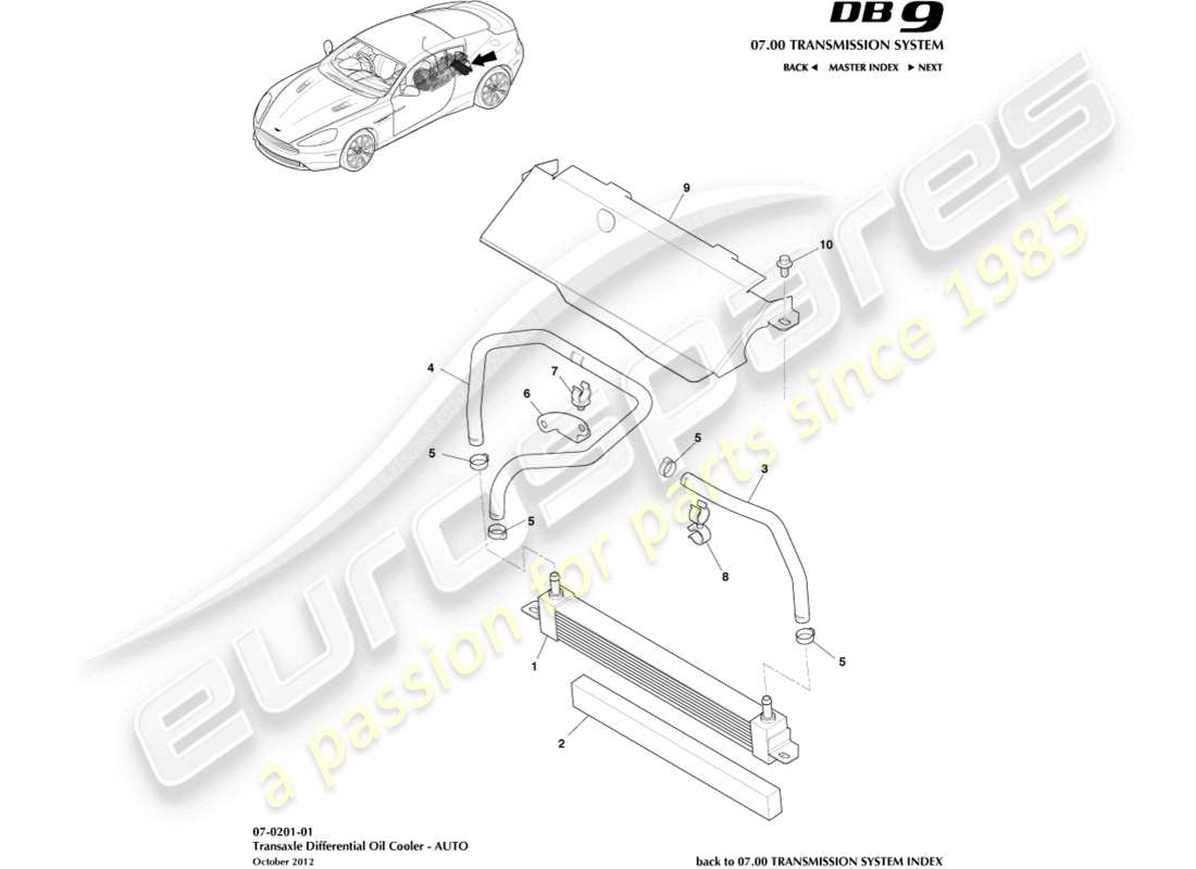aston martin db9 (2016) schema delle parti del radiatore dell'olio della trasmissione