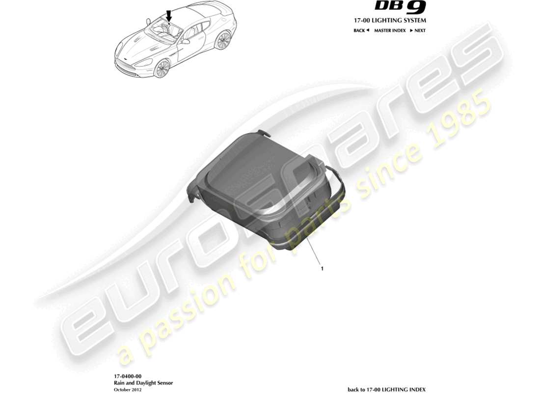 aston martin db9 (2014) diagramma delle parti del sensore pioggia e luce diurna